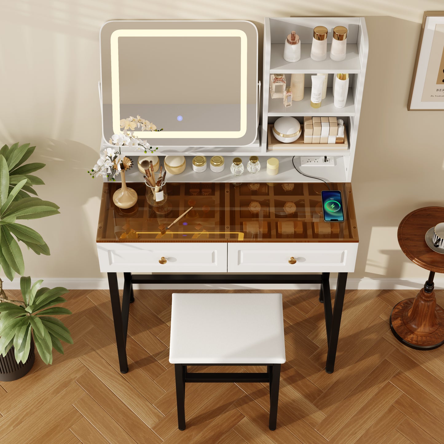 Makeup Vanity With LED Lighted Mirror,  360 Rotatable Mirror, Vanity Desk With 2 Drawers,Power Outlet And 3-Tier Shelves, Amber Glass Table Top, Dressing Table With Sturdy Metal Leg And  Stool, White