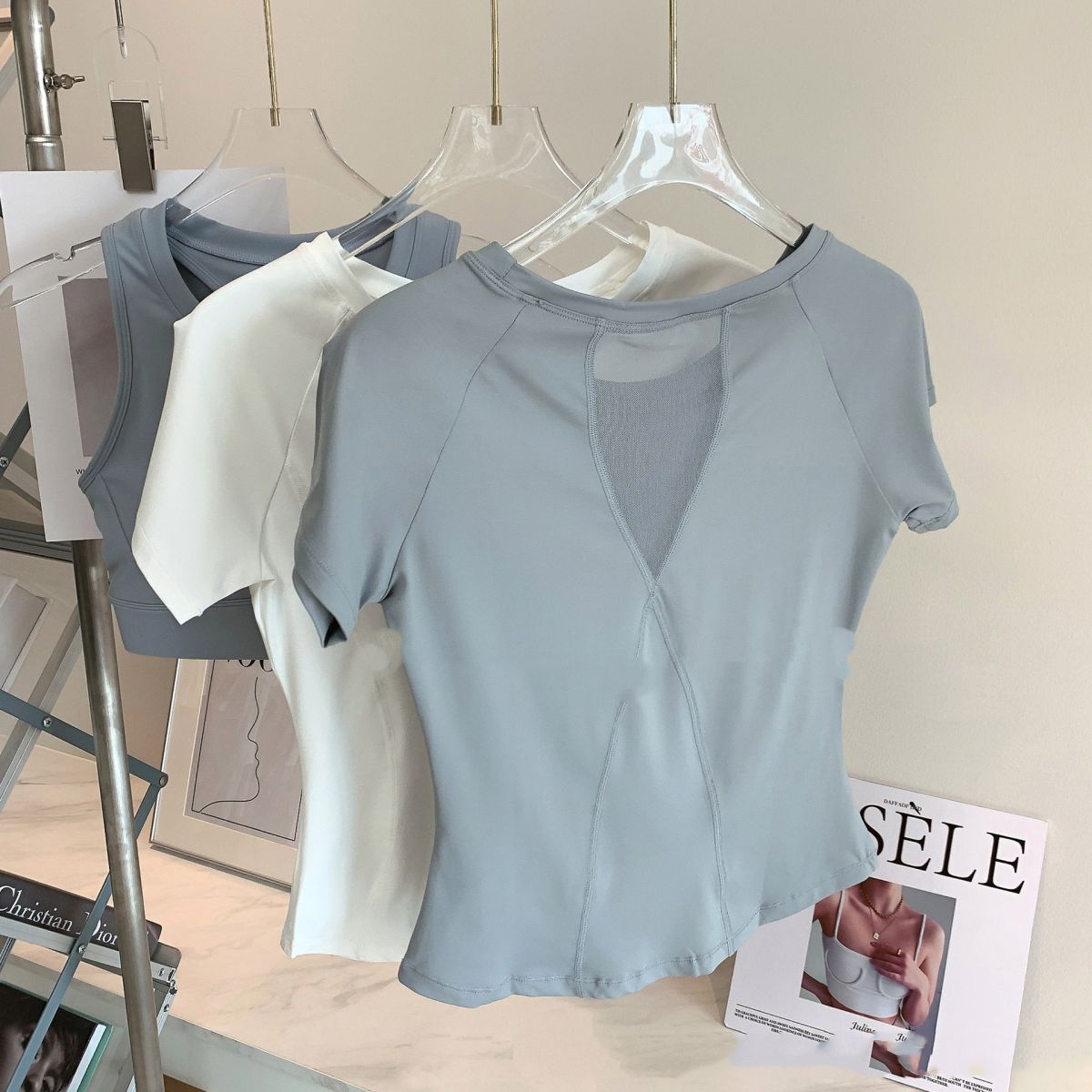 Nude Feel Mesh Stitching Yoga Short-sleeved Sports T-shirt