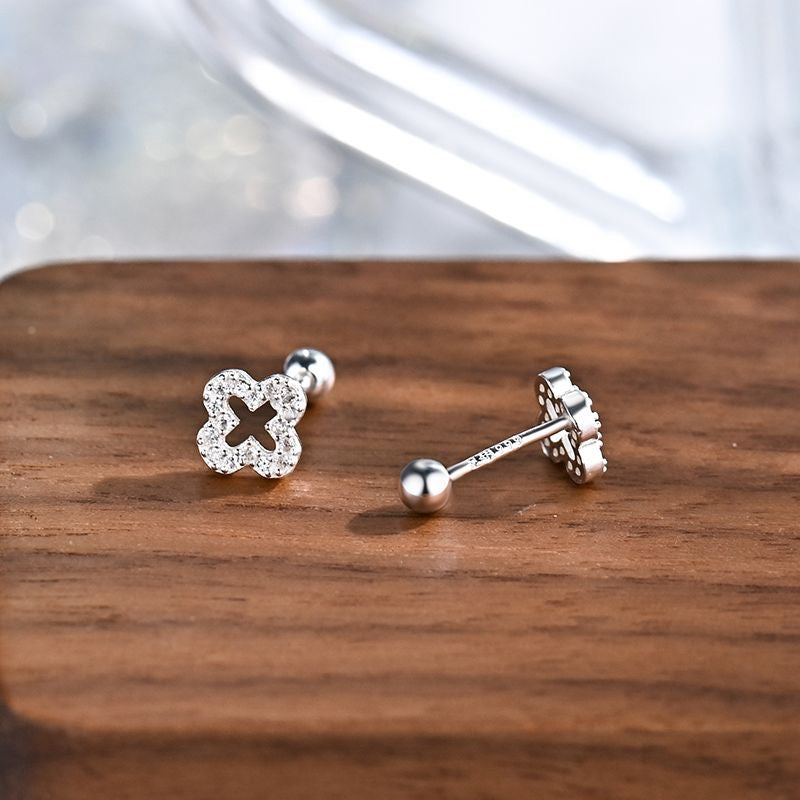 1pair 999 Sterling Silver Paved CZ Hollow Four Leaf Clover Screw Back Stud Earrings, Elegant Minimalist Style, For Daily Dating Wear & Women Holiday Gifts