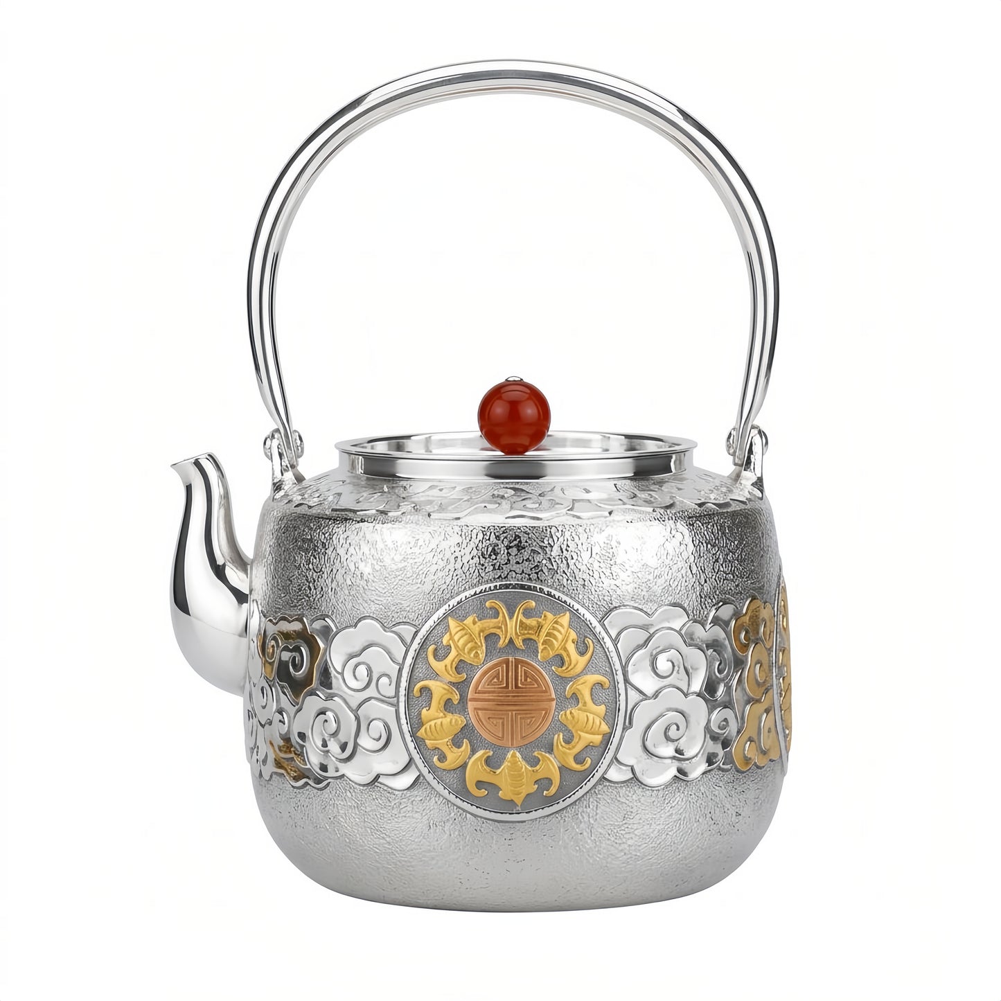 Pure 999 Fine Silver Traditional Handcrafted Silver Tea Kettle with Auspicious Bat and Cloud Motifs - Handicraft