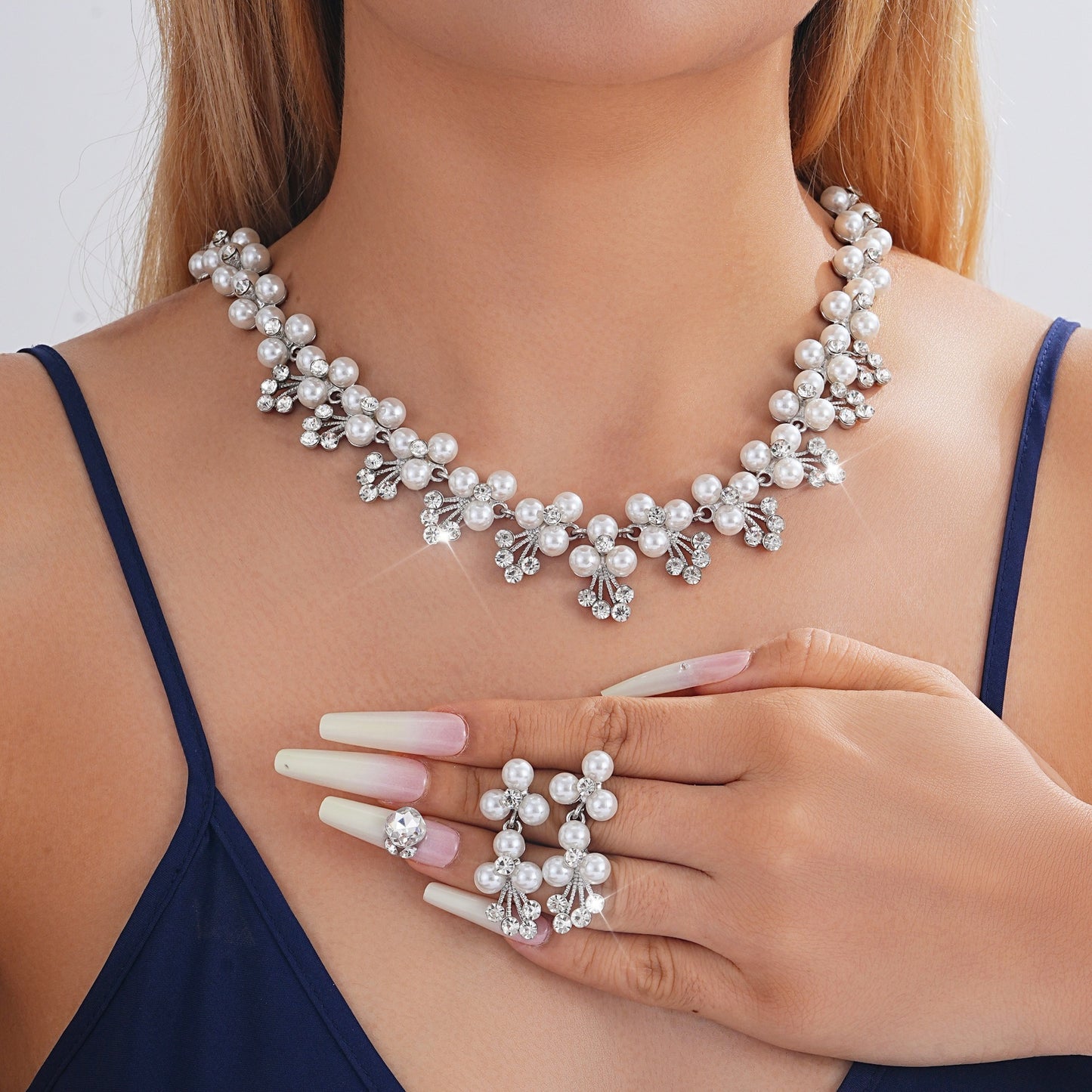 Bridal Leaf-Shaped Long Waterdrop Pearl Necklace, European And American Style Amazon Best-Selling Two-Piece Necklace Set Wholesale