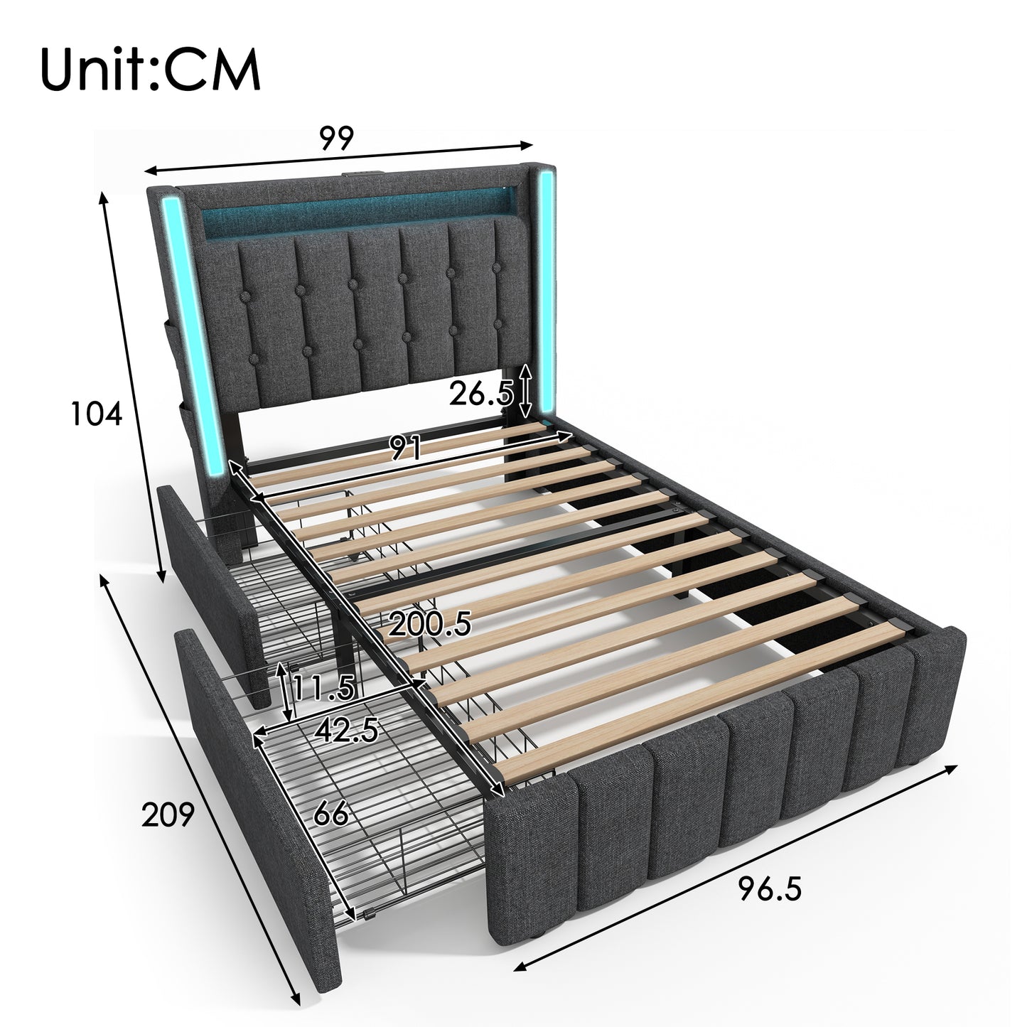 Upholstered Bed USB Type C Charging Function LED Lighting And 2 Drawers, Youth Beds 90x200cm Single Bed Storage Beds Bed Frame, Wooden Slatted Base, Grey  Without Mattress