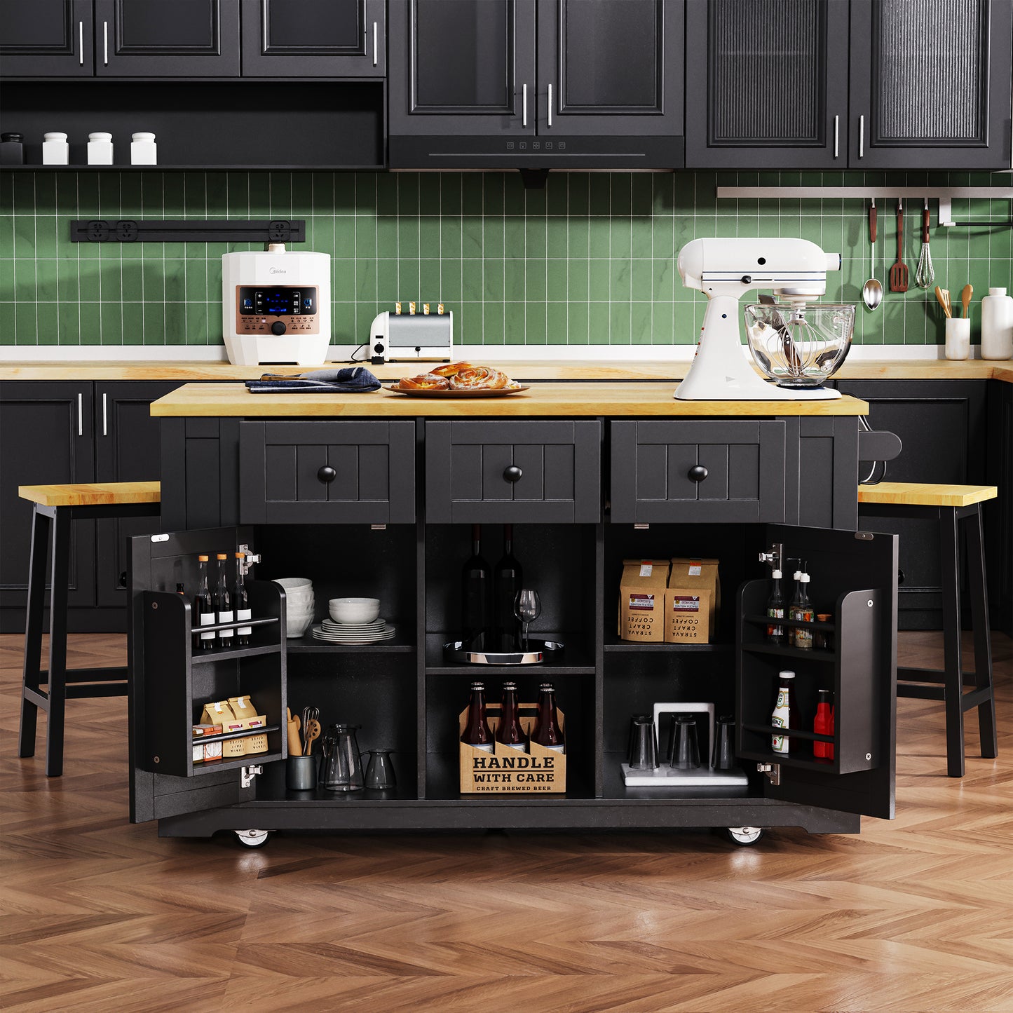K&K 53inch Large Kitchen Island With 2 Bar Stools, Power Outlet,Door Internal Storage Rack, Kitchen Storage Cart On 5 Wheels With Drop Leaf, 5 Open Side Racks, 3 Drawers,Black  Three Packages