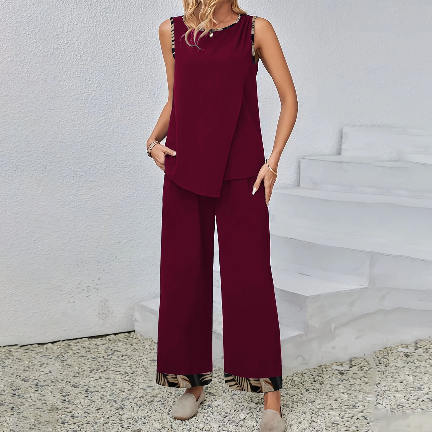 New Round-neck Sleeveless Asymmetrical Top And Pants Cotton Set With Pockets