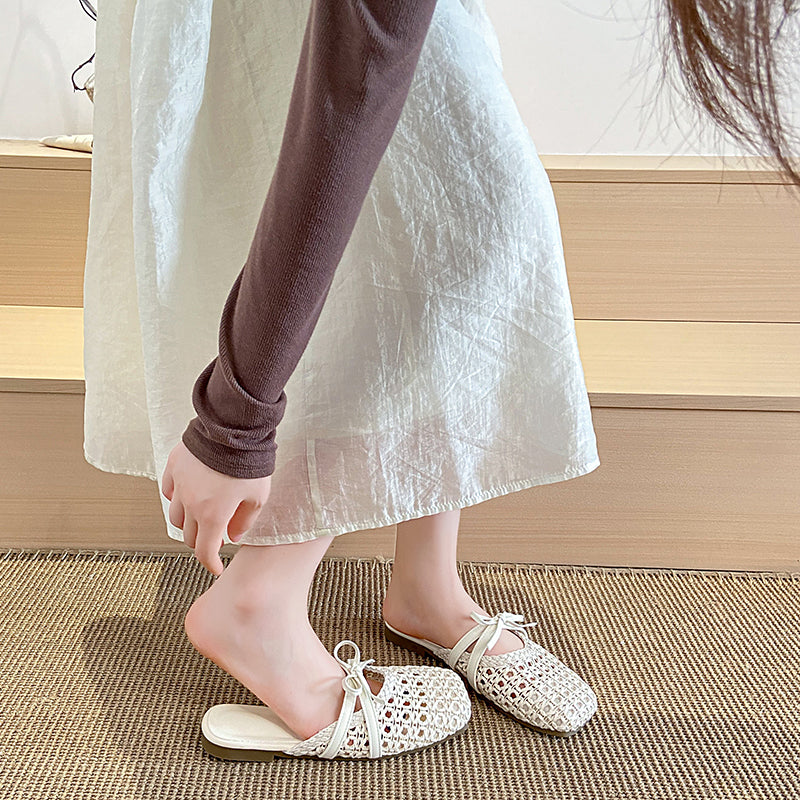 2026 Hot French Woven Hollow Out Mules For Women, Slip-on Flat Elegant Closed Toe Slides For Outdoor Summer Wear