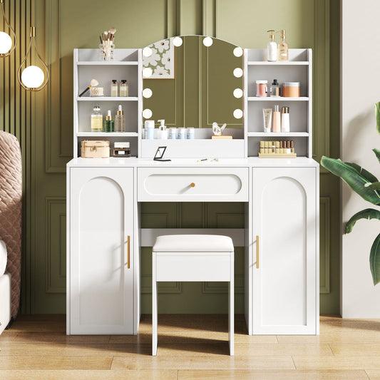 Vanity Table With Adjustable LED Lighting, Mirror And Stool, Featuring 1 Drawer And 2 Cabinet Doors, Modern Style, Perfect For Bedroom, Dimension110 X 40 X 132 Cm