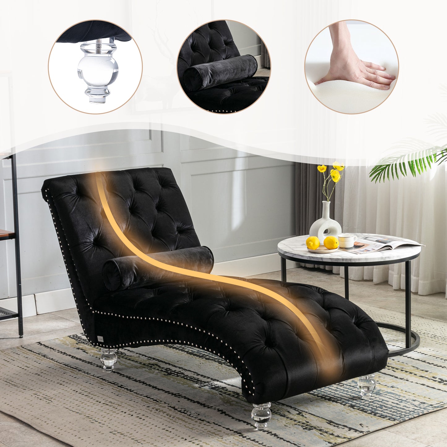 Velvet Chaise Lounge Indoor,Button-Tufted Upholstered Chaise Lounge Chair With Pillow For Bedroom Living Room Office  Black Velvet