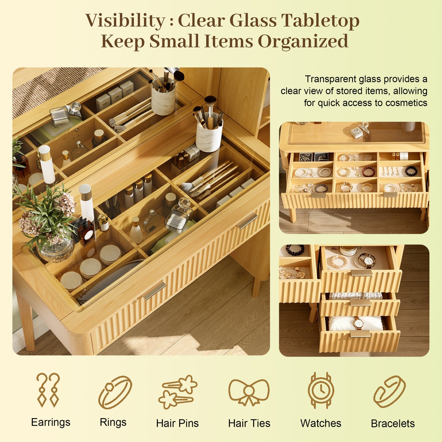 48 Fluted Makeup Vanity Desk With Large 32  Mirror, Modern Glass Top Big Vanity Table With 4 Drawers & Storage Cabinet, Dressing Table Set W Charging Station For Bedroom, Natural