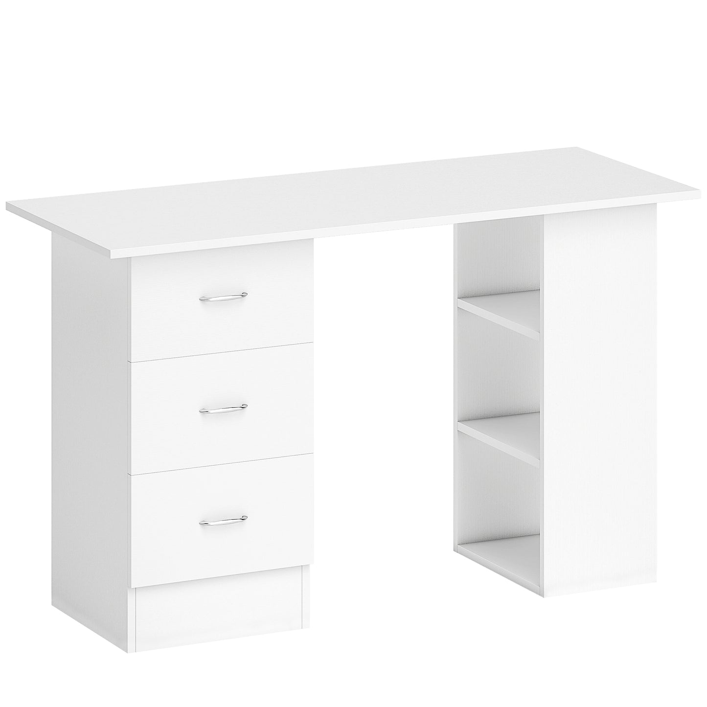 Computer Desk, Writing Table, PC Workstation With 3 Storage Shelves And Drawers, Silver Handle, For Home Office, White