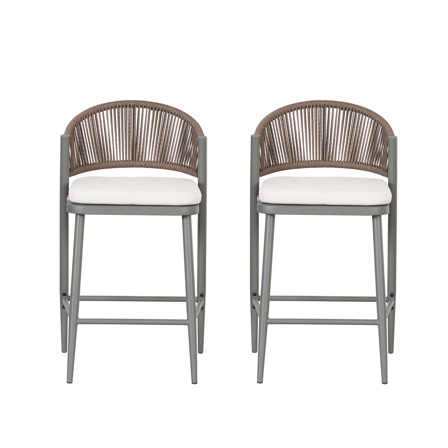 Outdoor 26 Seat Height Metal Frame Counter Stools With PE Rattan Scallop-shaped Backrest, Set Of 2, Matte Grey