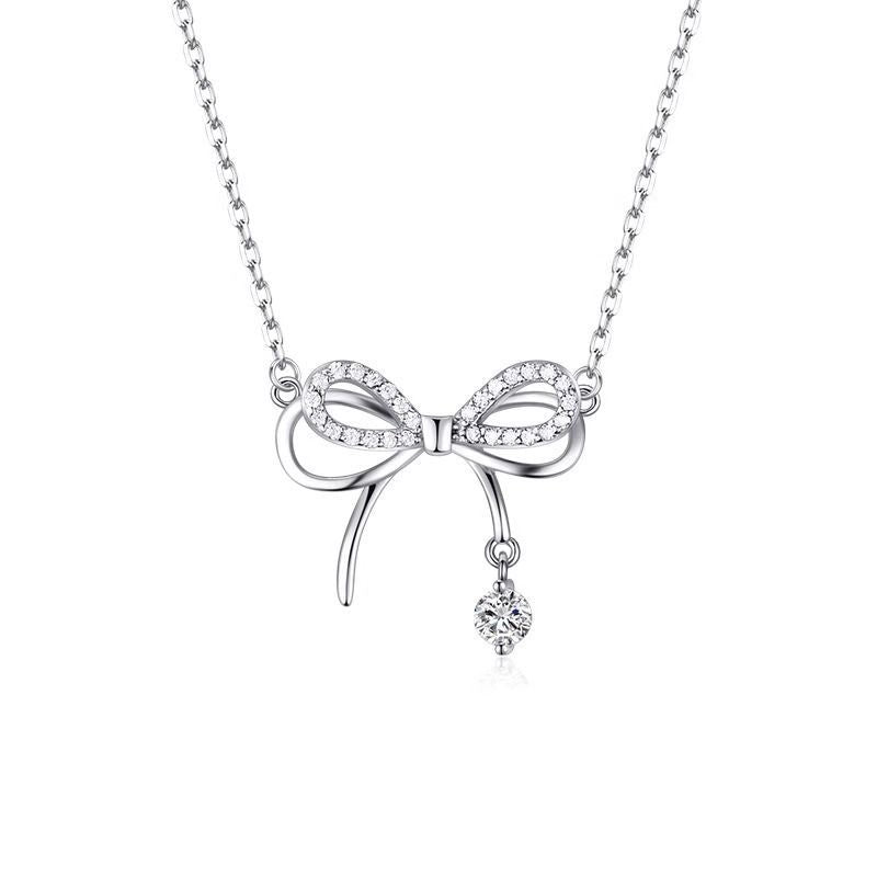 1pcs 999 Sterling Silver Bowknot & CZ Drop Necklace, Elegant Trendy Style, Ideal For Birthday & Valentine's Gifts