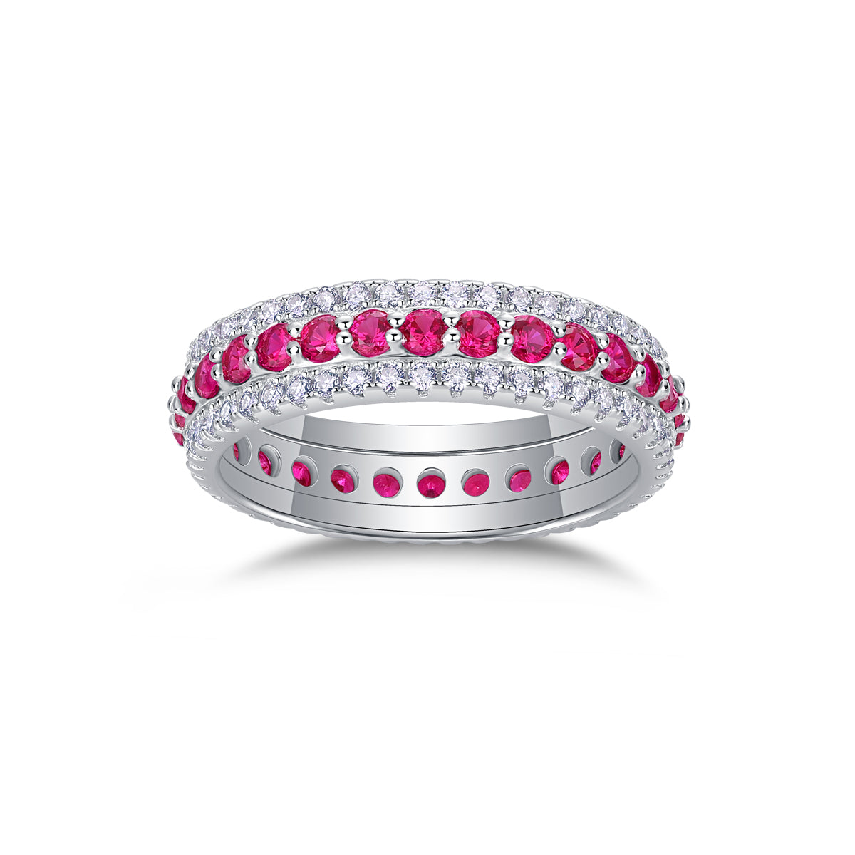 3.6g S925 Sterling Silver 3 Row Pave Ring  Synthetic Ruby Eternity Band, Platinum Plated Promise Ring For Women, Jewelry Gift Box Set