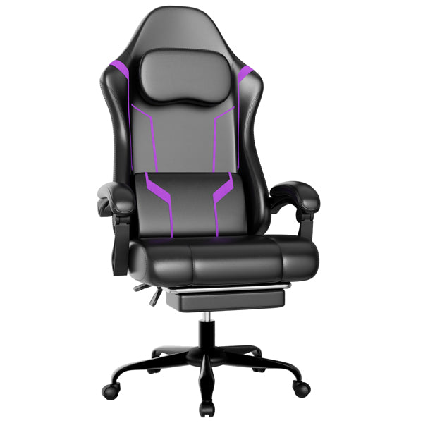 Ergonomic Gaming Chair, Video Game Chair With Pocket Spring Cushion And Footrest, Height Adjustable Computer Chair With Swivel Seat And Headrest  Faux Leather, Purple
