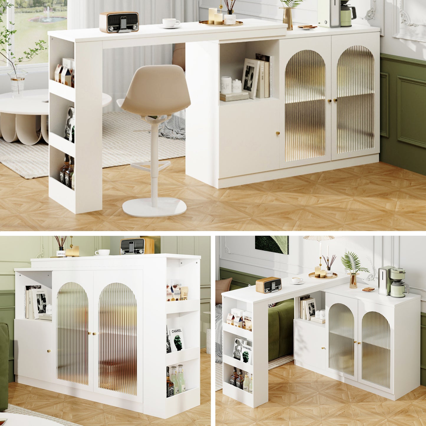 360 Rotatable Bar Table  Main Body 120 X 40 X 97 Cm , Modern And Simple White Rotating Dining And Bar Cabinet, Multifunctional Storage Cabinet With Glass Door