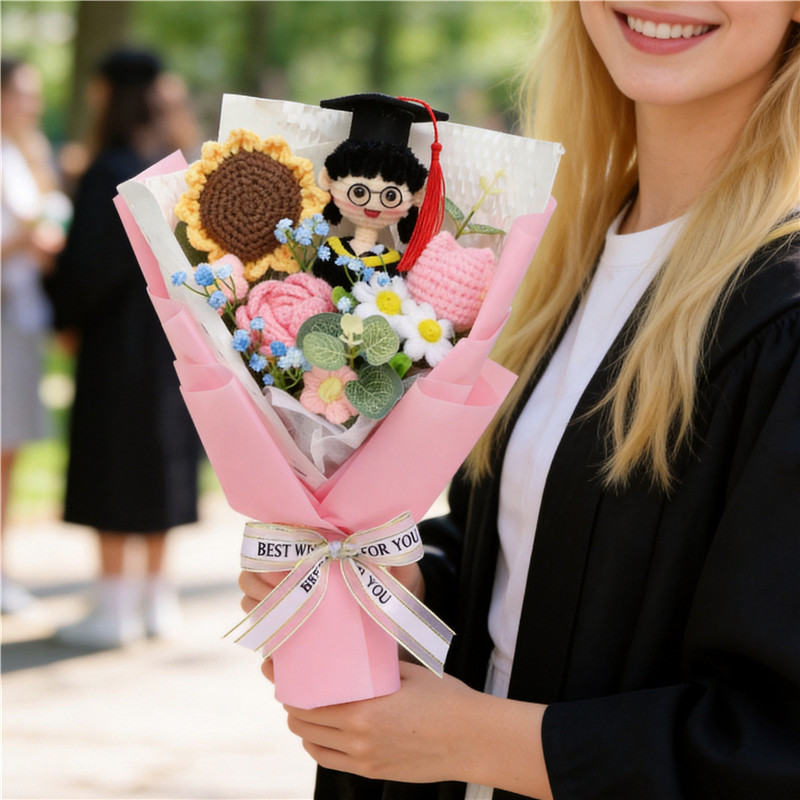 Graduation Hand Crochet Flower Bouquet , Knitted Roses & Sunflowers With Graduate Doll, Eternal Yarn Flower Gift For Graduation Presents Or Home Decor