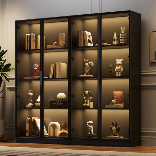 Glass Display Cabinet With APP Controlled LED Lighting, 4 Door Storage Cabinet With Rolling Shelves, Living Room Tall Cabinet, Freestanding Display Cabinet, Bathroom Cabinet