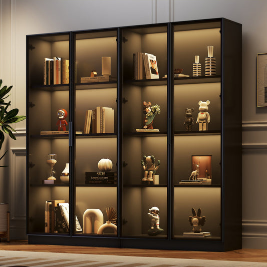 Glass Display Cabinet With APP Controlled LED Lighting, 4 Door Storage Cabinet With Rolling Shelves, Living Room Tall Cabinet, Freestanding Display Cabinet, Bathroom Cabinet