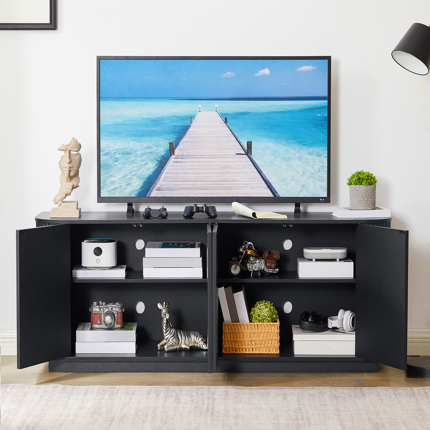 Sideboard, TV Stand With Wave Pattern, Buffet Cabinet, Wooden Cabinet With Vertical Stripes For Kitchen, Bedroom And Hallway. Black, 162.5cmx38cmx61cm