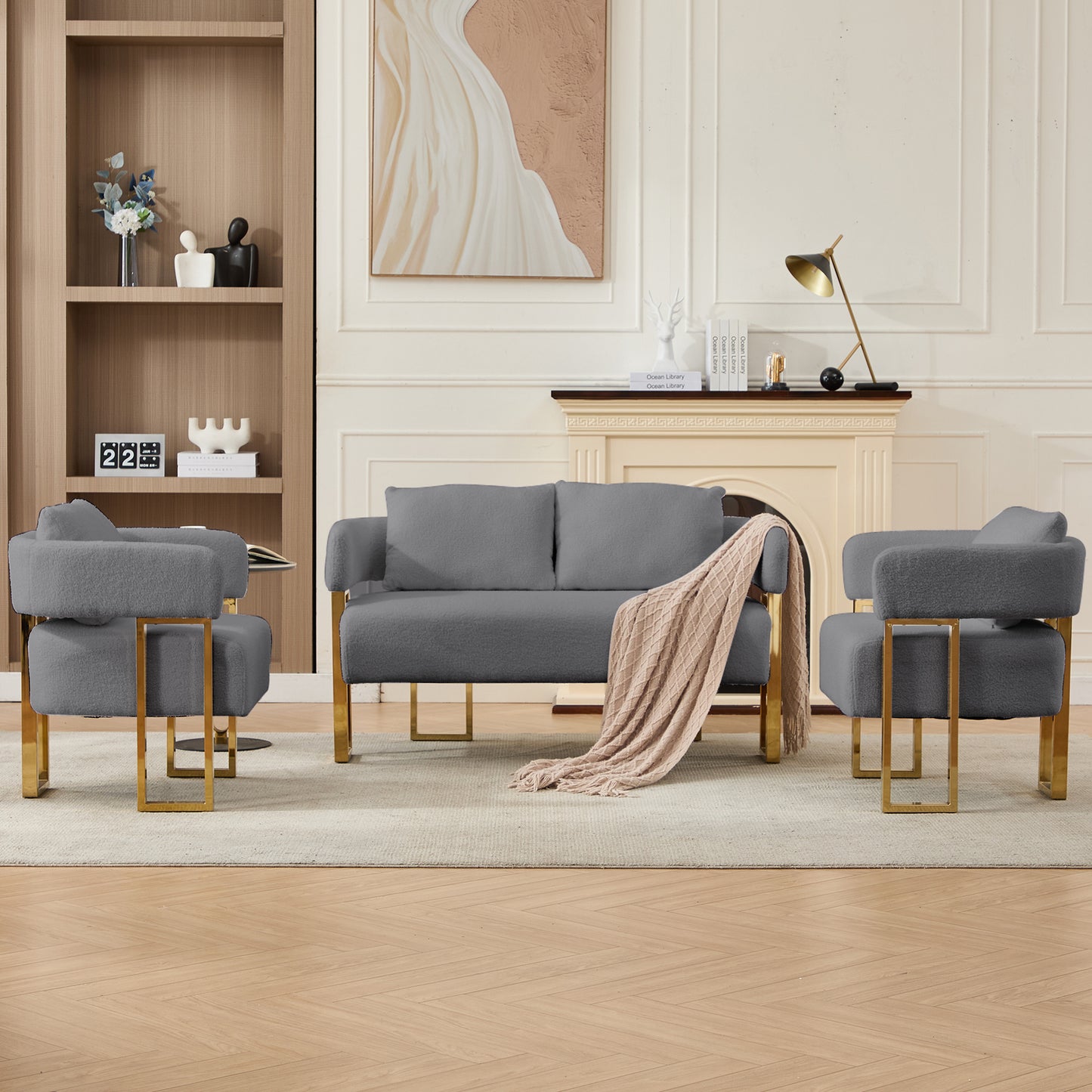 TS Modern Decorative Chair, Living Room Side Chair With Gold Metal Legs, No Wheels, Suitable For Dressing Area, Reception Room, Office,Teddy Fleece Upholstered Metal Foot Sofas    Grey