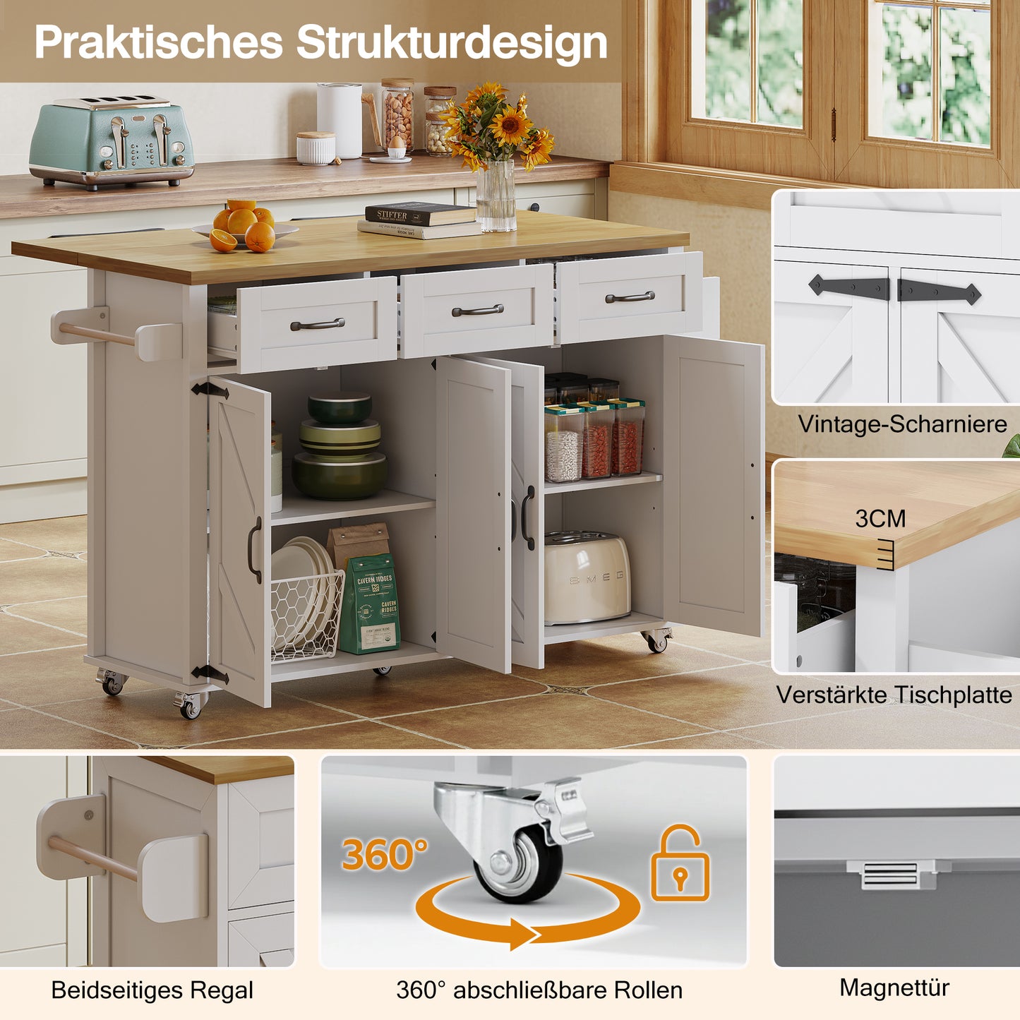 Kitchen Island With Folding Worktop, Equipped With 5 Lockable Castors, 4 Doors, 3 Drawers, Double-sided Towel Rails, Barn Style Design, White, 140x43 X90.5 Cm.