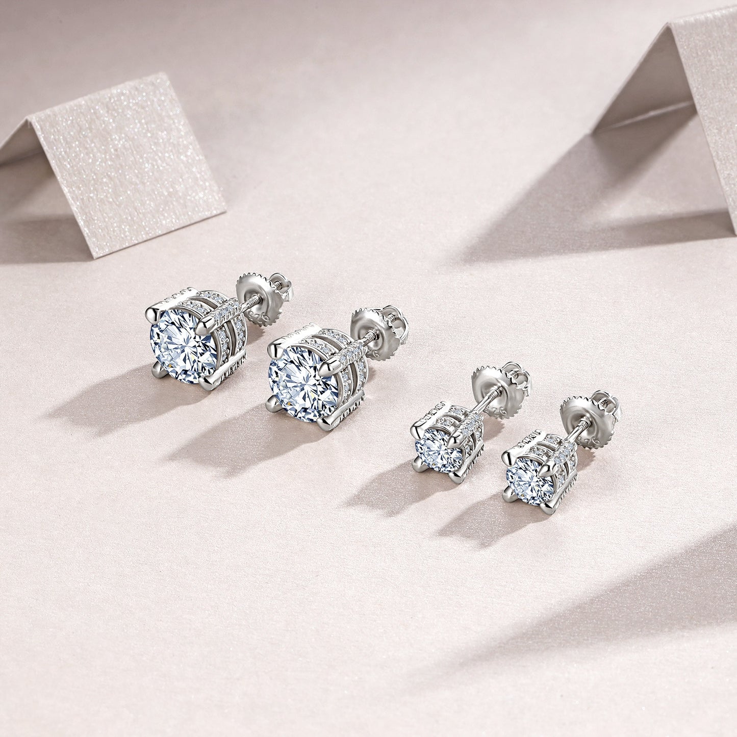S925 Sterling Silver Moissanite Stud Earrings, 0.5&2ct D-VVS1 4-Prong Basket Pave With Screw Backs, GRA Certificate Gift Box