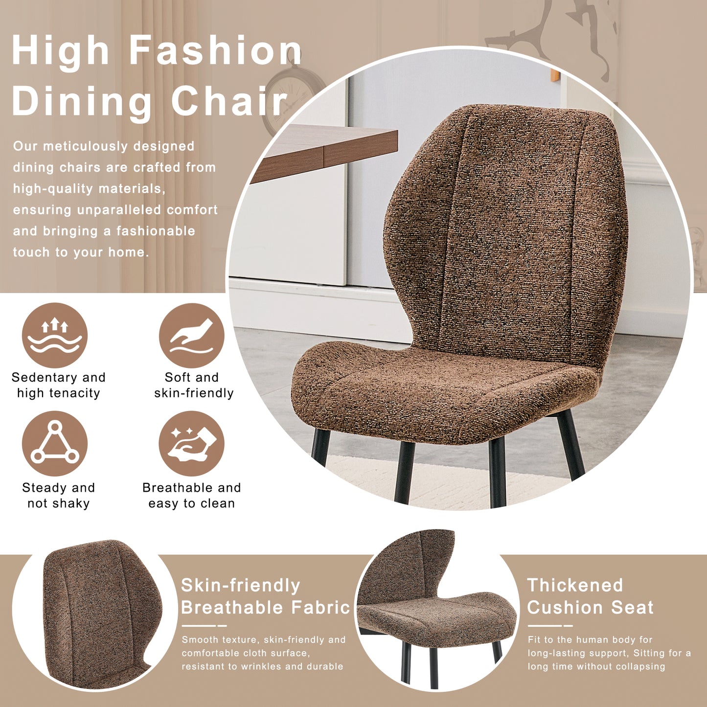 4 Sets Of Retro And Minimalist Brown Fabric Dining Chairs With Spacious And Comfortable Cushions.Black Metal Legs And Adjustable Feet, Suitable For Dining Room, Study & Office ,etc.