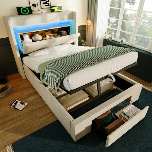 Upholstered Bed 90x200 Cm With Hydraulic Storage And Headboard With Storage Compartment, LED Lighting And USB & USB-C Port, Wooden Bed Frame, Beige, Linen, Without Mattress