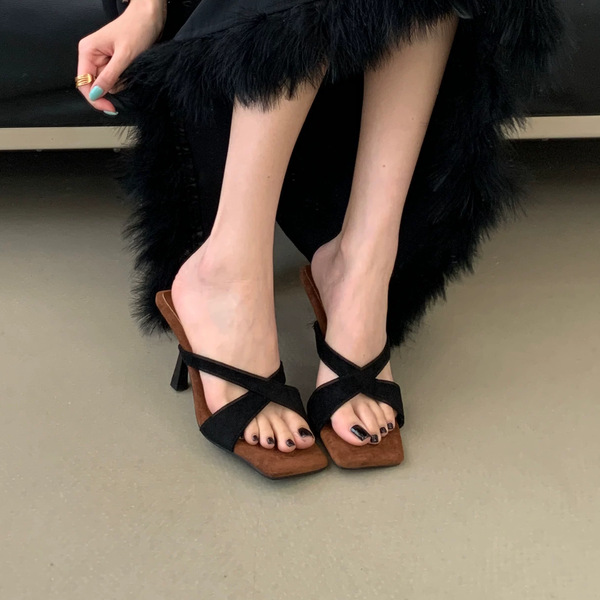 2026 Summer New Polka Dot Leopard Print Square Toe Cross Strap Stiletto Heel Slippers, Korean Style Open-toe One-strap Slippers For Women
