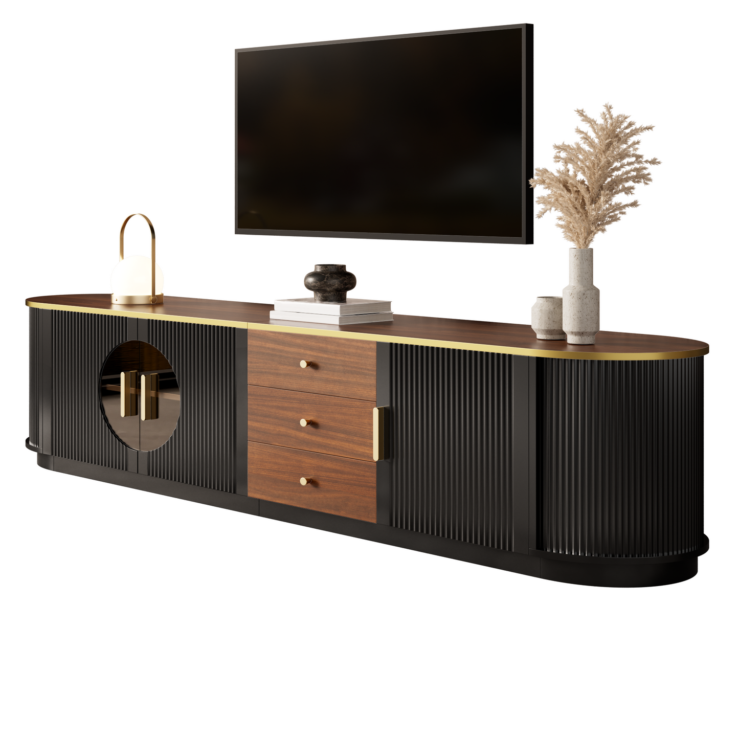 Luxury Style TV Cabinet, Lowboard, Amber Glass, MDF Body, Aluminum Handles, Rounded Edges, Vertical Groove Look