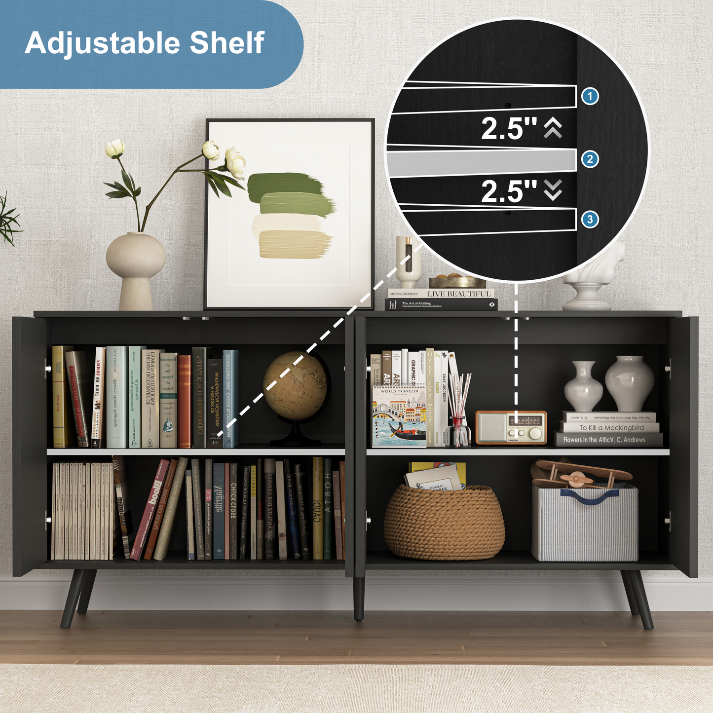 Sideboard Buffet Cabinet With Storage, Long Sideboard Storage Cabinet With 4 Doors, Wood Credenza Console Coffee Bar Cabinets With Adjustable Shelves For Living Room Kitchen Dining Room Black
