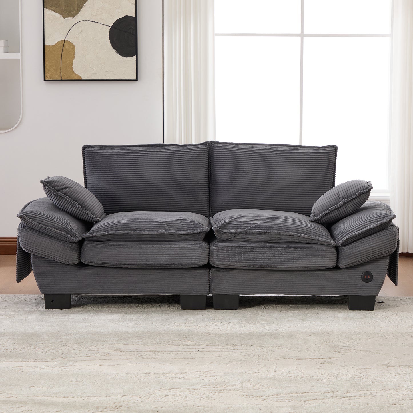 Modular Sofa With Wide Seat Surface For 2 People, Ergonomic Design, High-density Foam Cushioning, USB-C Port And Side Pockets. Ideal For Living Room, Office Or Lounge. Dark Gray