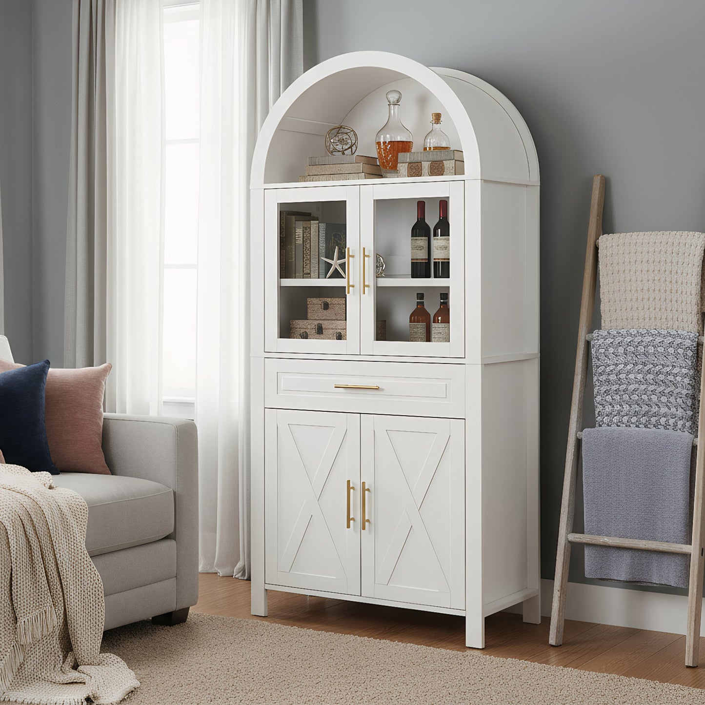 71  Tall Arched Kitchen Pantry Cabinet With Glass Door, Farmhouse Storage Pantry Cabinet With Adjustable Shelves & Barn Door Design For Kitchen, Living & Dining Room, White