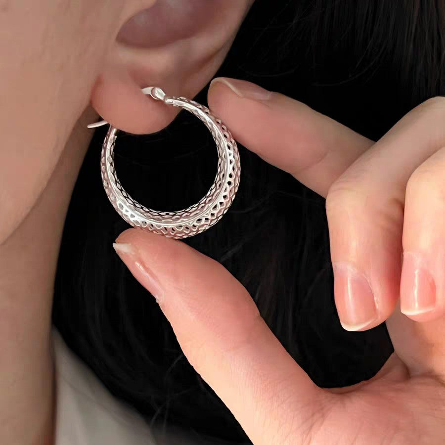 1 Pair 999 Sterling Silver Hammered Wide Hoop Earrings, Minimalist Style, Perfect For Daily Wear And Valentine's Gift