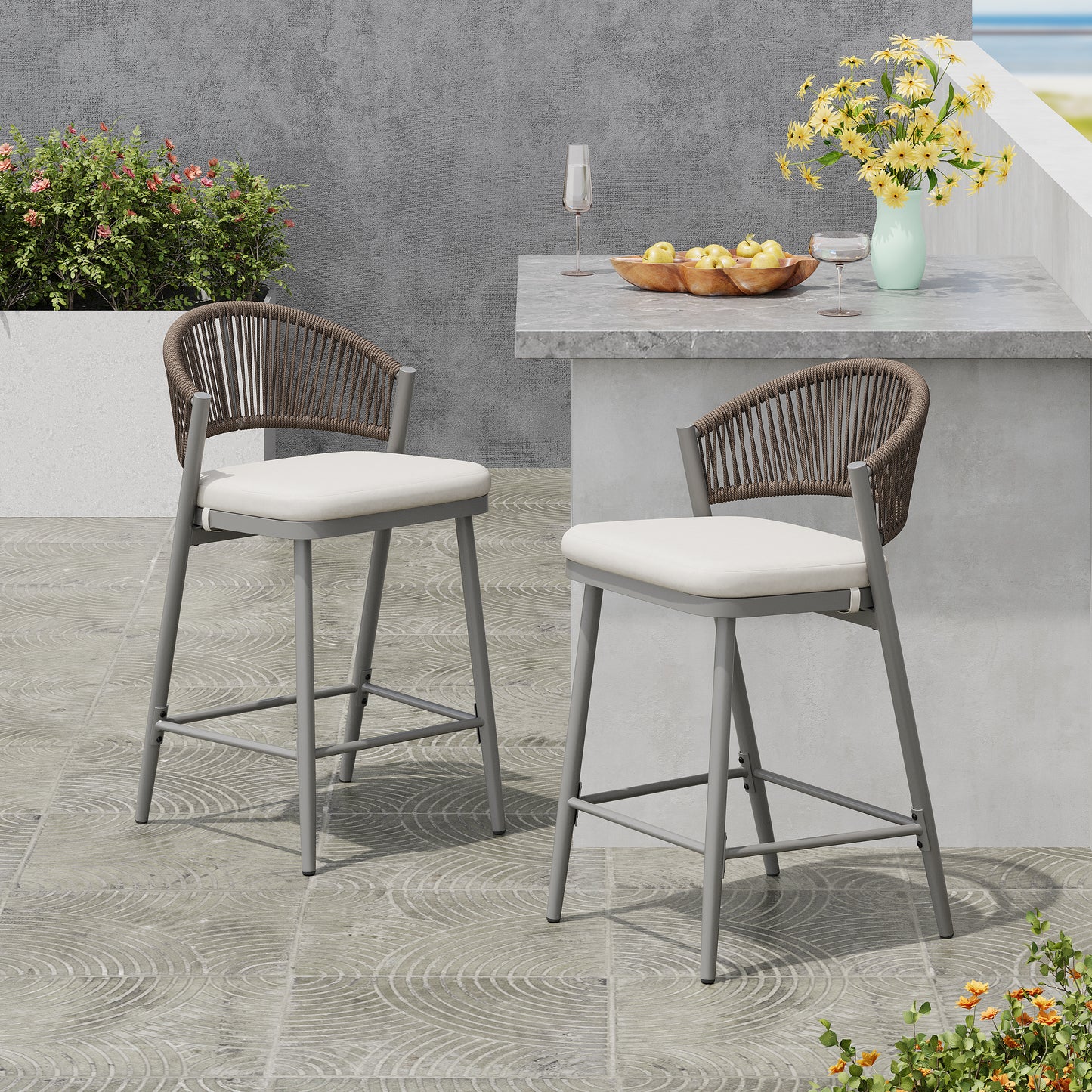 Outdoor 26 Seat Height Metal Frame Counter Stools With PE Rattan Scallop-shaped Backrest, Set Of 2, Matte Grey