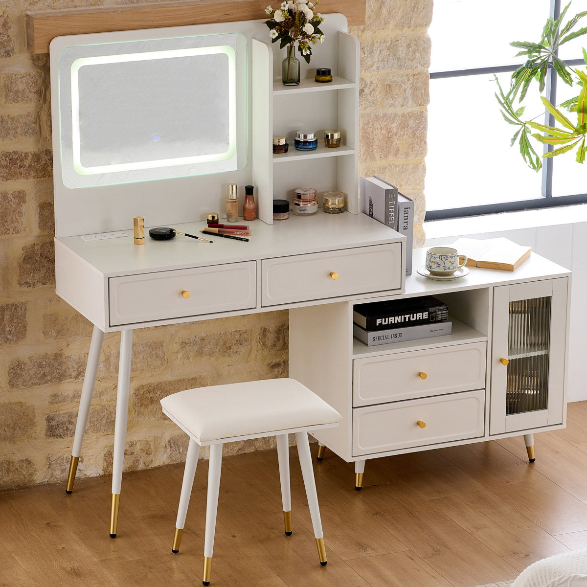 Modern Makeup Vanity Desk With Mirror And Lights, Retractable Dressing Table With Drawers And Cabinet, Compact Makeup Table Set With Power Outlet For Bedroom, White