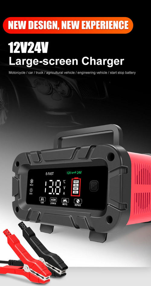 12v-20A 24v-10A Smart Battery Charger Lifepo4 Lead-Acid Agm-Gel Trickle Charger Battery Maintainer For AGM Lithium Motorcycle Boat Caravan Batteries 19x12.5x9.5cm Red