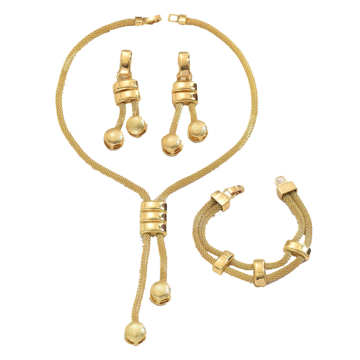 European American Cross-border Women Jewelry Set, 18K Gold Plated Long Geometric Tassel Necklace & Drop Earrings With Matching Niche Bracelet, Versatile Daily Accessories