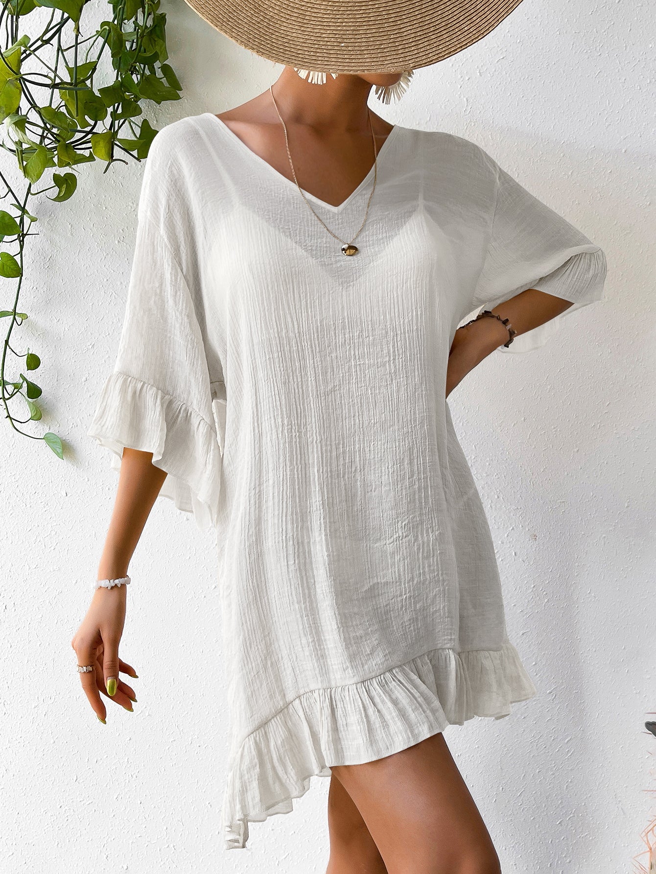 New V Neck Flare Sleeve Back Butterfly Print Sun Protection Dress, Bestseller Beach Cover Up Dress For Amazon
