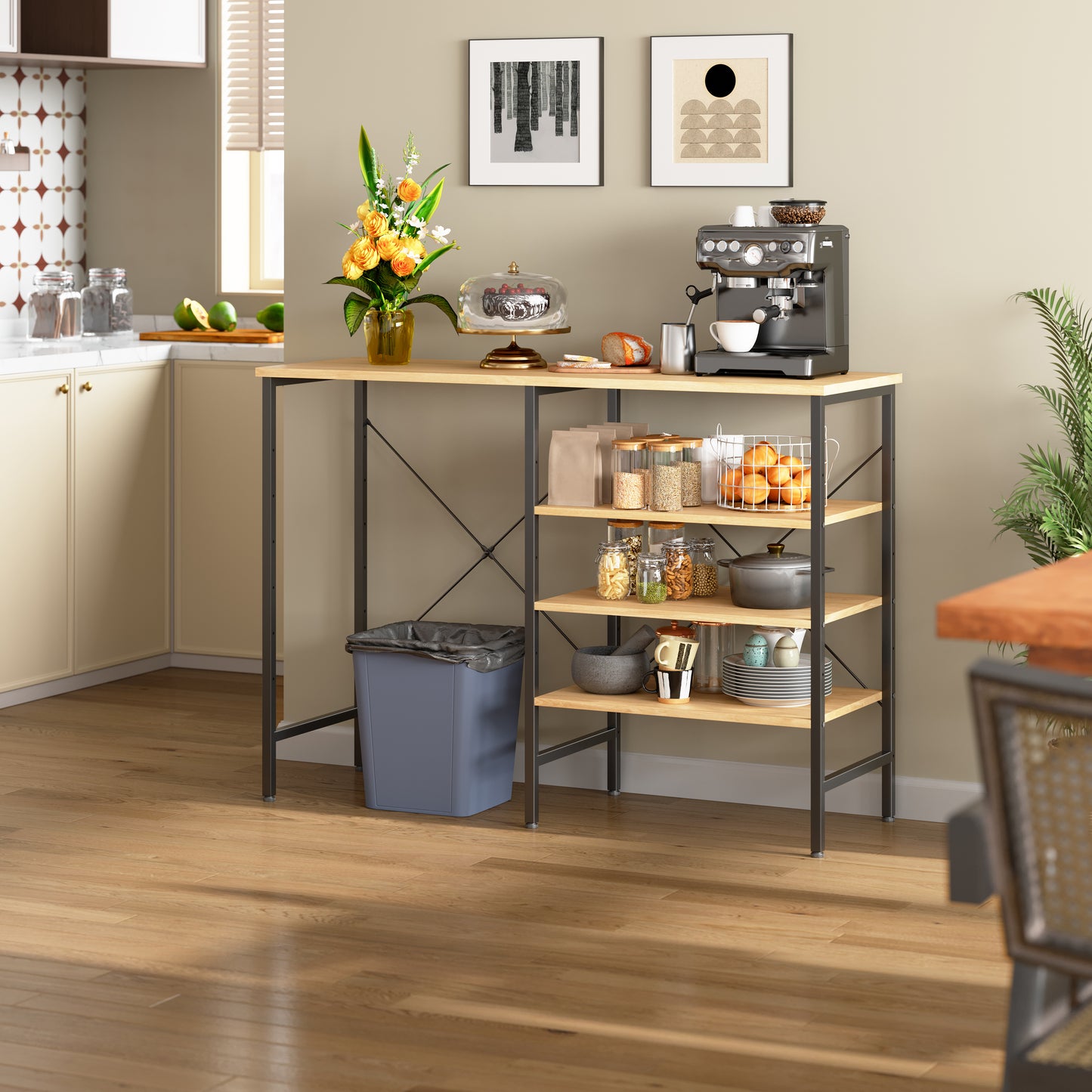 Multifunctional Side Table, Freely Combinable Organizer Table With Black Metal Frame & Wood Look Top, Flexibly Mountable For Kitchen, Living Room, Basement & Garage, 120x40x85.5cm