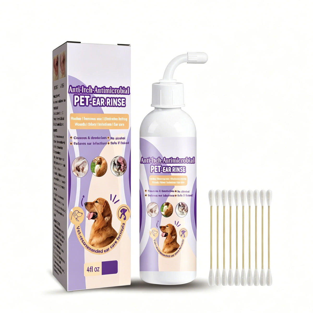 118ml Pet Ear Rinse Cleaner With Glycerin & Disodium EDTA, Anti-Itch Antimicrobial Ear Wash For Dogs Cats, Alcohol-Free Gentle Ear Cleanser With Cotton Swabs