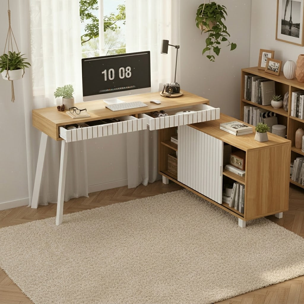 140x120x76.5cm L-shaped Desk, Modern Minimalist Style, Vertical Stripe Pattern, Steel Legs, Two Drawers, Spacious Cabinet, Natural Color  White.