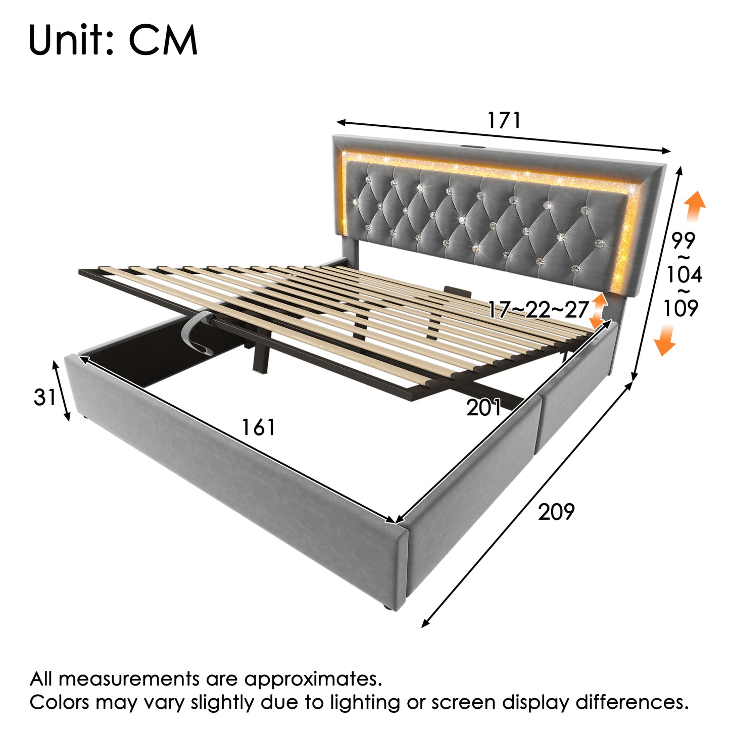 Upholstered Bed 160x200 Cm Velvet Double Bed With LED Diamond Band In The Headboard, USB & Type-C Charging Station, Hydraulic Bed Base, Youth Bed With Storage And Slatted Base, Grey  Without Mattress