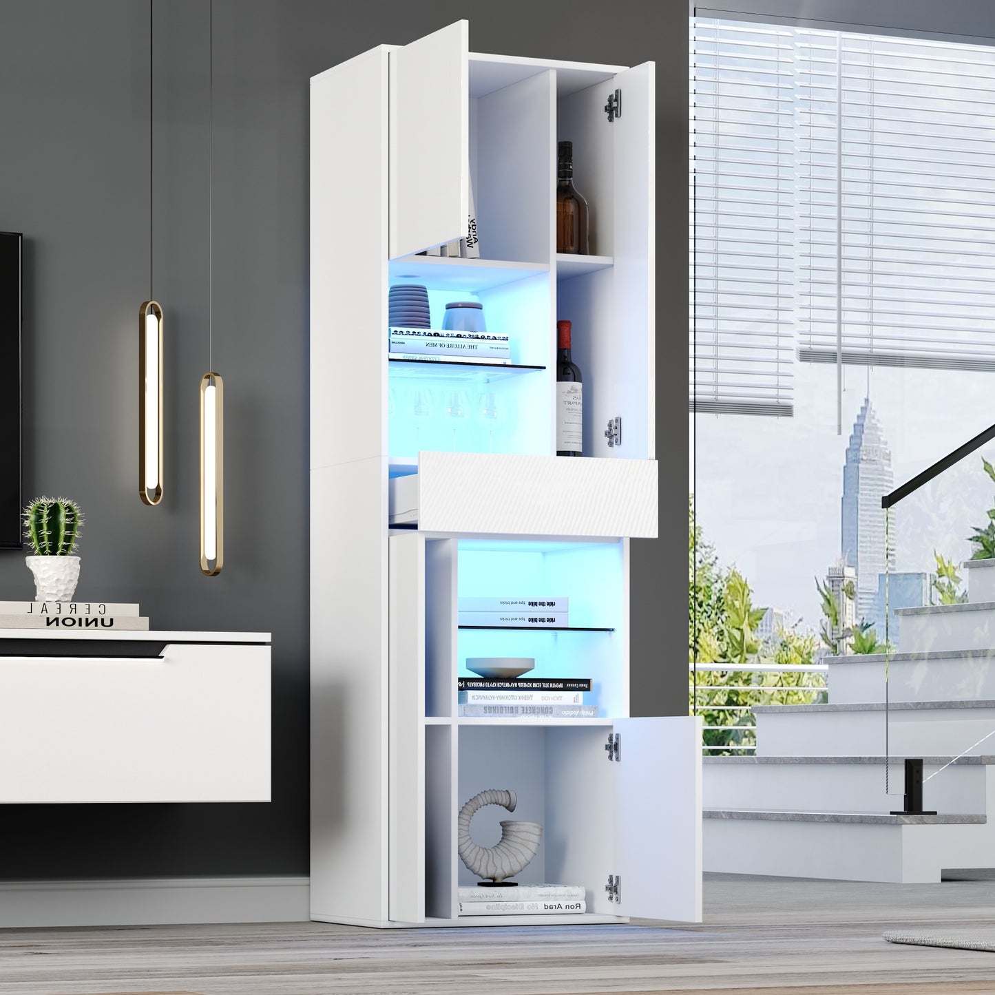 55x38x170cm Display Cabinet, Tall Cabinet With 1 Drawer And 4 Cabinets,Glass Display Cabinet Display Cabinets With LED Lighting, Display Cabinets With High Gloss Design,Living Room Cabinets, Display C