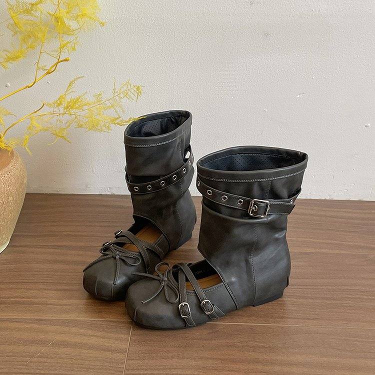 Women Round Toe Ballet Style Hollow Mid-calf Stackable Sandal Boots, Removable Belt Buckle Inner Height Increasing Shoes For Outdoor Wear
