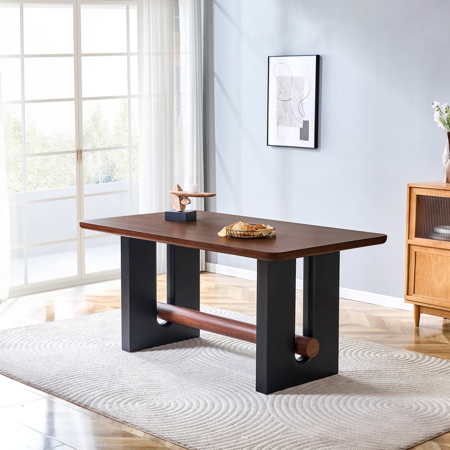 All-MDF Walnut & Black Dining Table, Modern Compact Kitchen Table For Small Spaces, Sturdy Home Apartment Dining Room Furniture With Sleek Two-Tone Finish