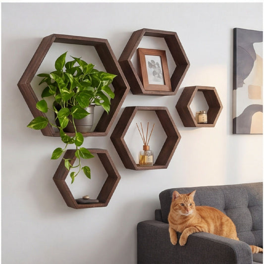 Hexagon Wooden Wall Shelf Set, 5-Piece, For Corner And Wall Storage—Party Accessories Set