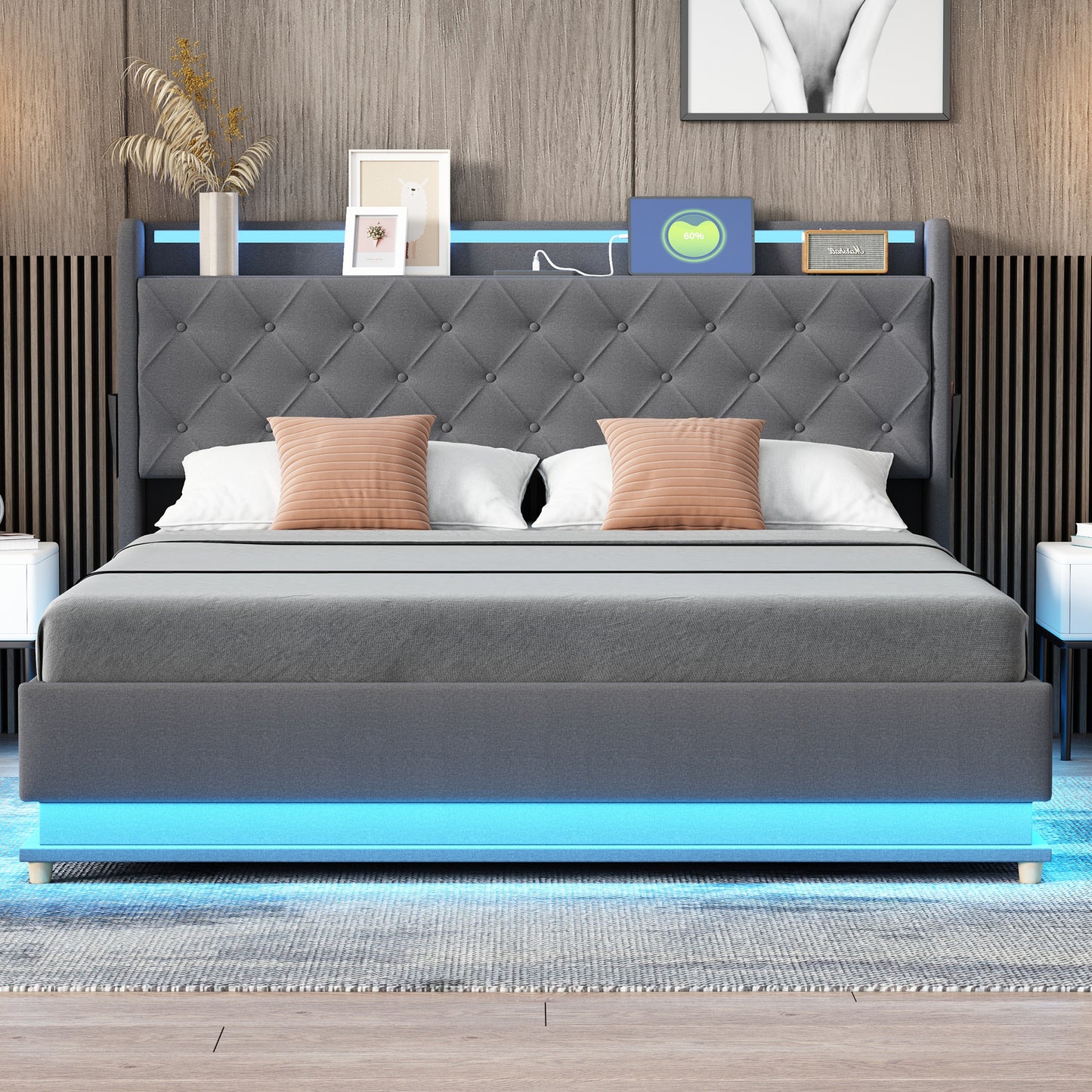 LED Upholstered Bed 160X200 Cm With USB Charging Port And Hydraulic Storage, Skin-friendly Linen Fabric Grey