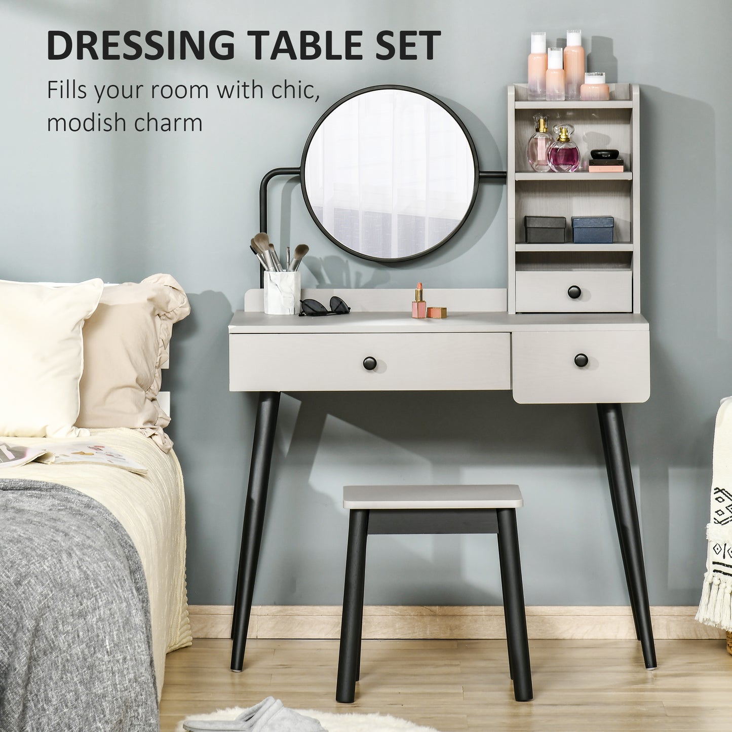Dressing Table Set With Mirror And Stool, Vanity Makeup Table With 3 Drawers And Open Shelves For Bedroom, Living Room, Grey