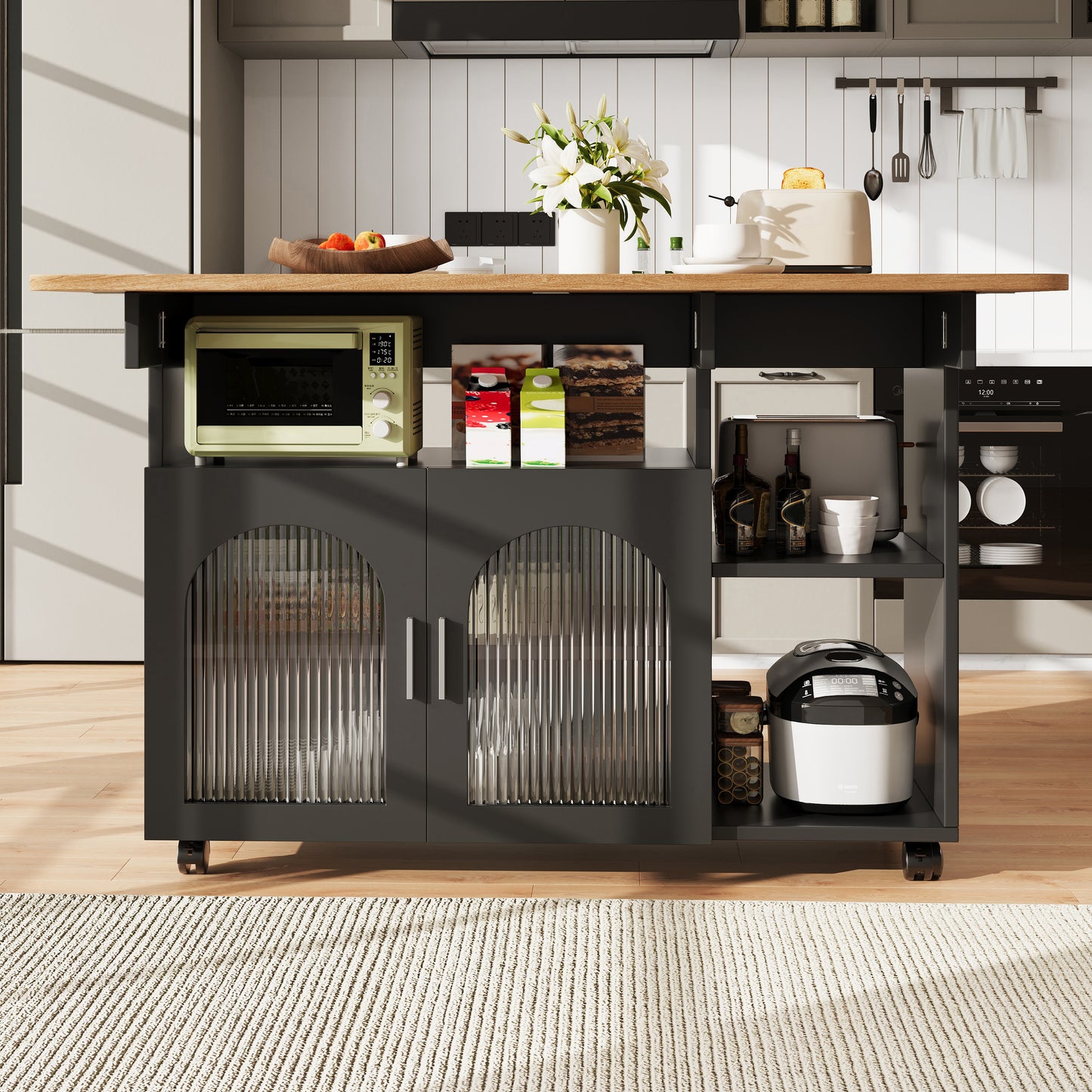 Kitchen Island,Modern Kitchen Siland, Kitchen Cabinet, Removable Serving Trolley Buffet Cabinet, Dining Trolley With Wood Grain, Buffet Cabinet, Multifunctional Dining Table With Storage Space, Black
