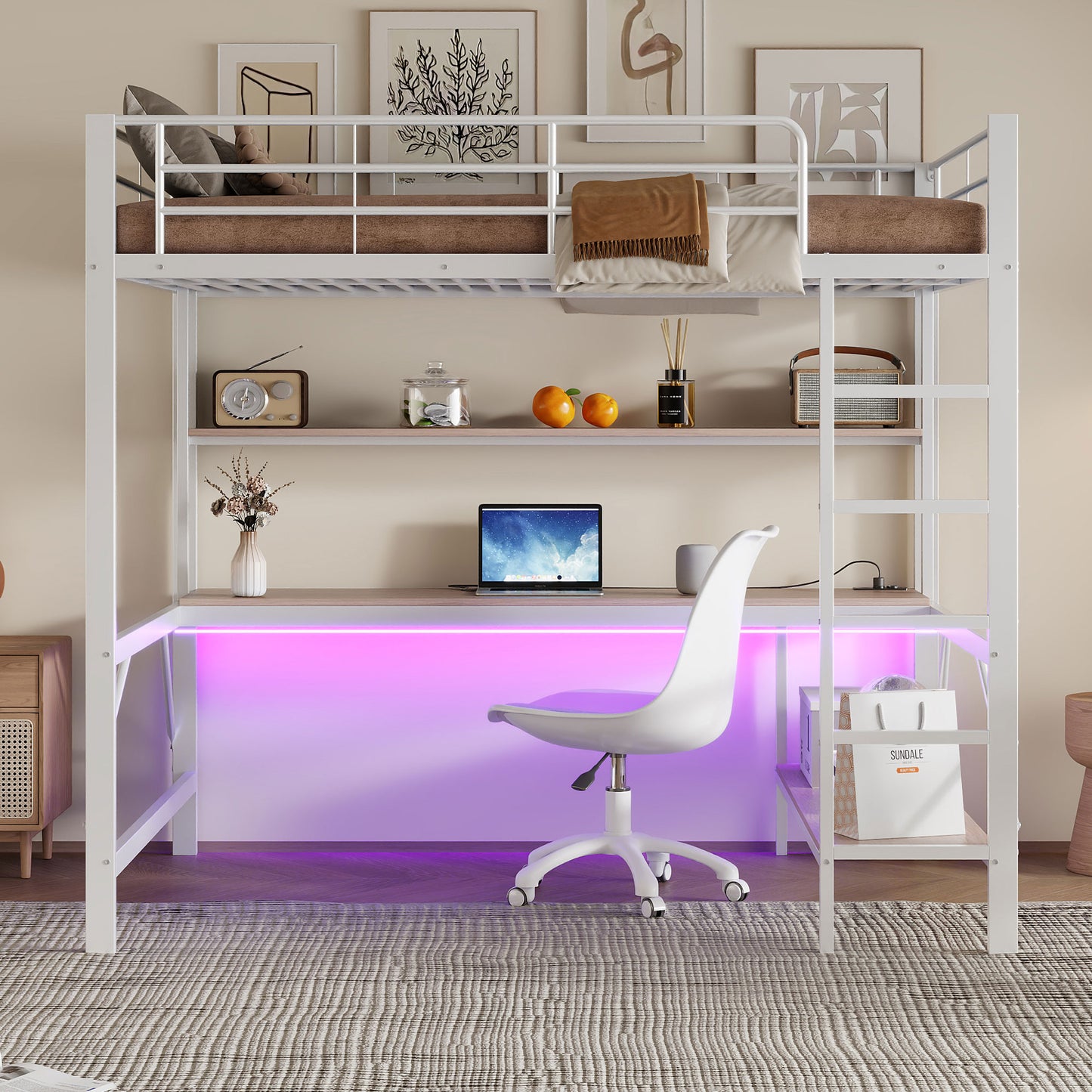 Loft Bed, 140x200 Cm, Railing, Stepladder, With Usb And Socket, With LED Lights, Desk, Multi-storey Shelf, Without Mattress, Metal, White